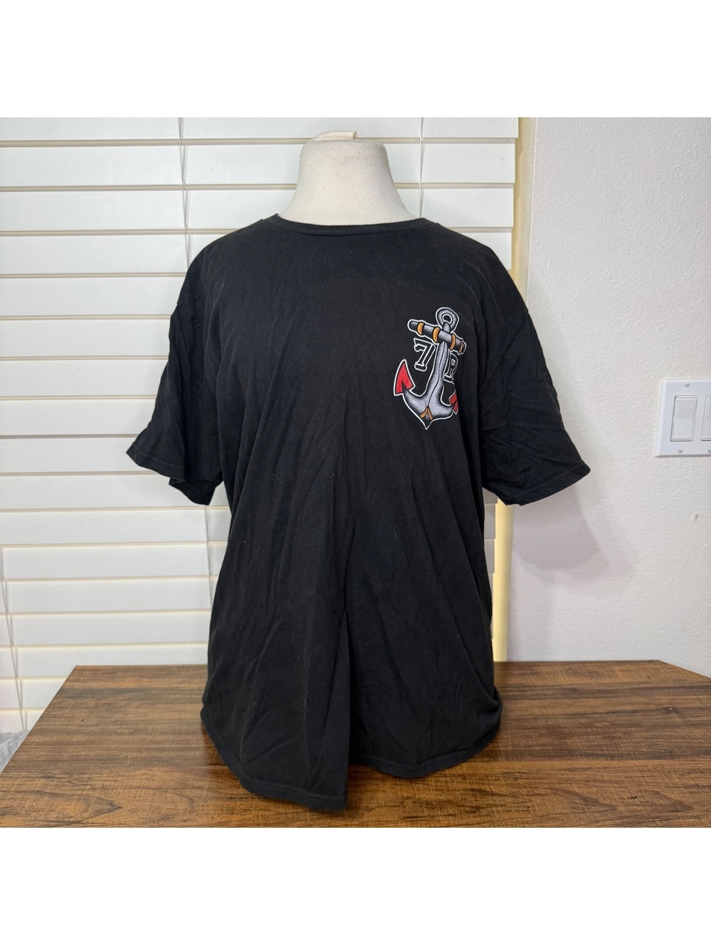Black Graphic T-Shirt with Anchor and Ship Design